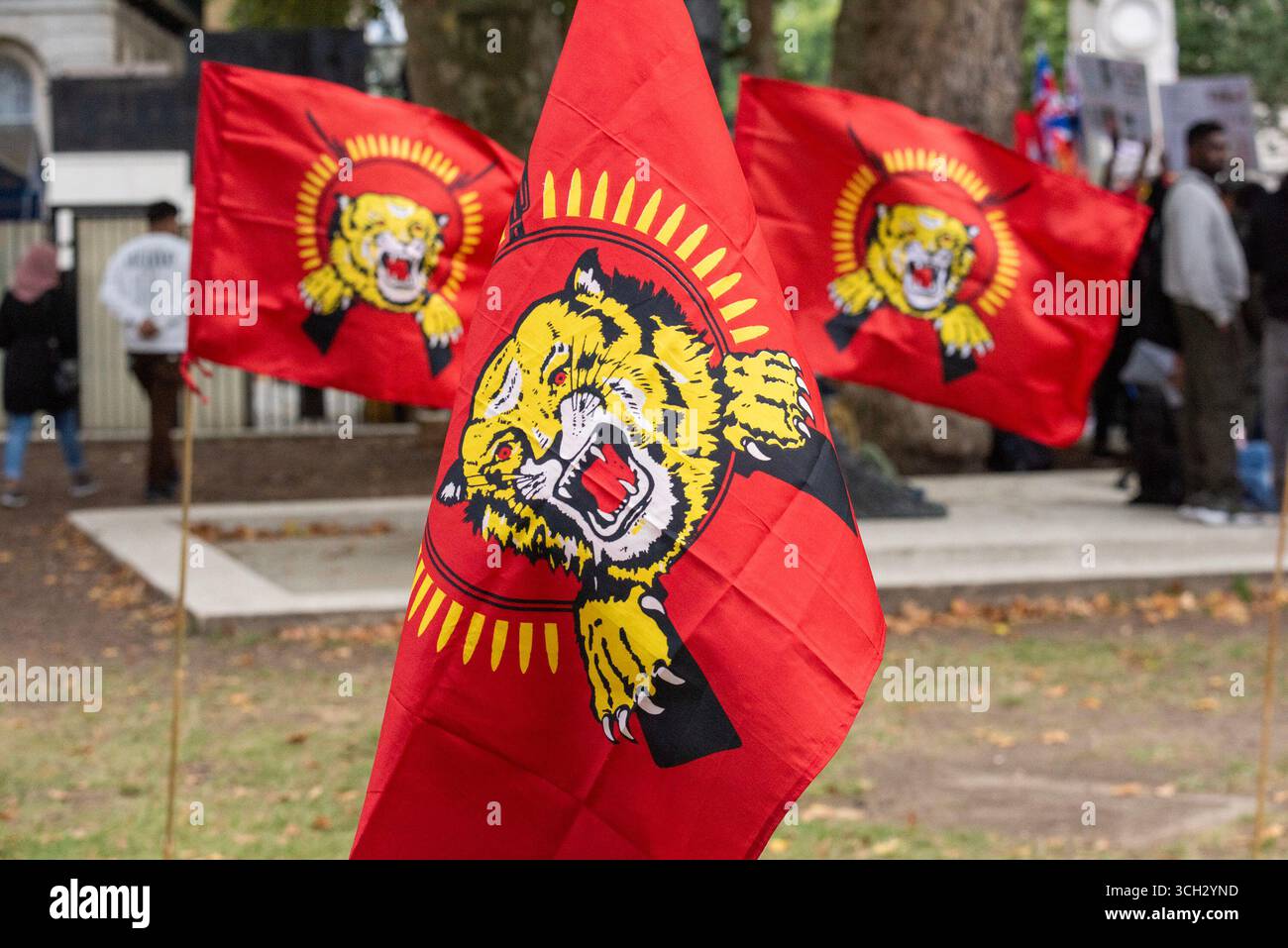 Londra, Regno Unito. 30 agosto 2025. La bandiera della Tigre simboleggia lo stato Tamil Eelam o Tamil indipendente desiderato. I Tamil si riunirono fuori Downing Street, Londra, per chiedere giustizia per i prigionieri politici e la responsabilità per il massacro di Mullivaikkal del 2009 nello Sri Lanka. Credito: SOPA Images Limited/Alamy Live News Foto Stock