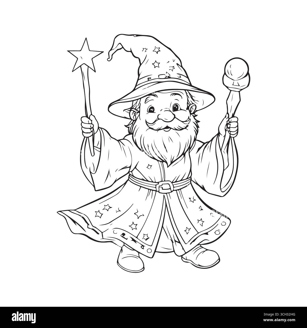 Simpatico personaggio mago, pronto per la colorazione Illustrazione Vettoriale