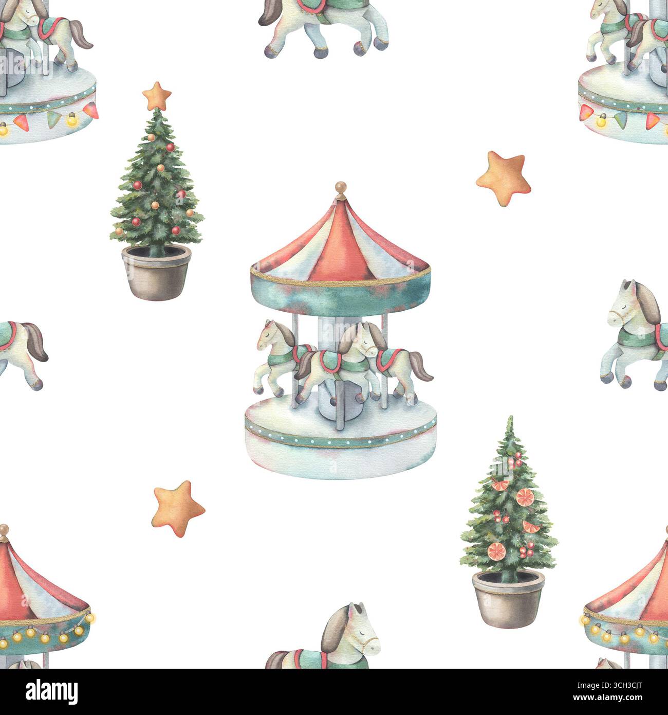 Motivo senza cuciture, giostra, albero di Natale, stella. Illustrazione ad acquerello dipinta a mano isolata su bianco per la stampa su tessuto, carta da parati, pac Foto Stock