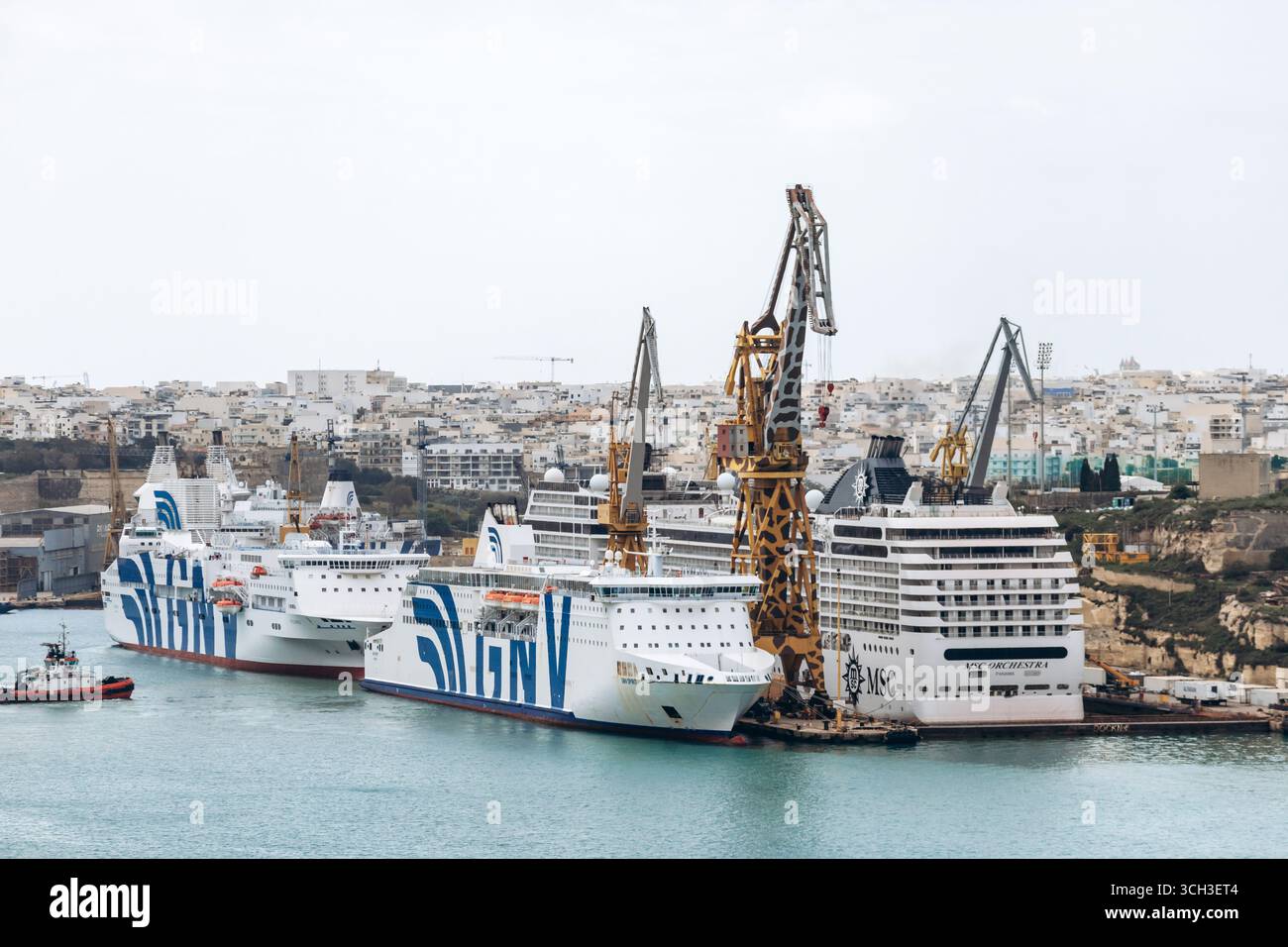 La Valletta, Malta - 10 aprile 2025: Grandi navi da crociera e traghetti attraccati al porto industriale accanto a torreggianti gru da carico Foto Stock