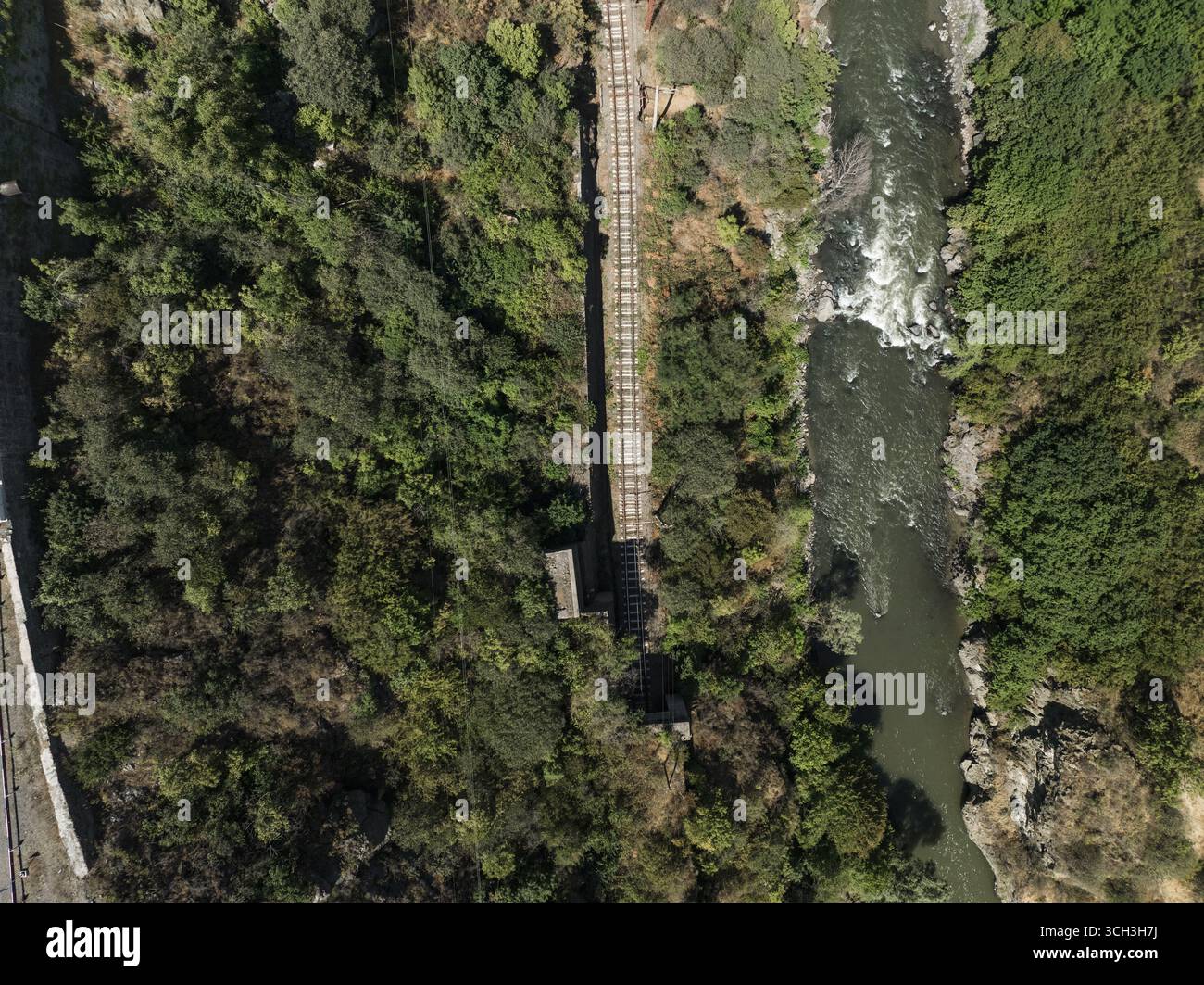 Veduta aerea di un ponte ferroviario che attraversa una fitta foresta, che si collega alla sponda opposta di un fiume, Lori, provincia di Lori, Armenia. Foto Stock