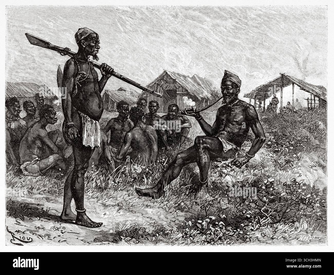 Capi Fang, gruppo etnico del Gabon, Africa centrale. Disegno di Edouard Riou (1833-1900) viaggi in Africa occidentale, 1875-1887 di Camille Pierre Paul Savorgnan de Brazza (1852-1905) le tour du Monde 1888 Foto Stock