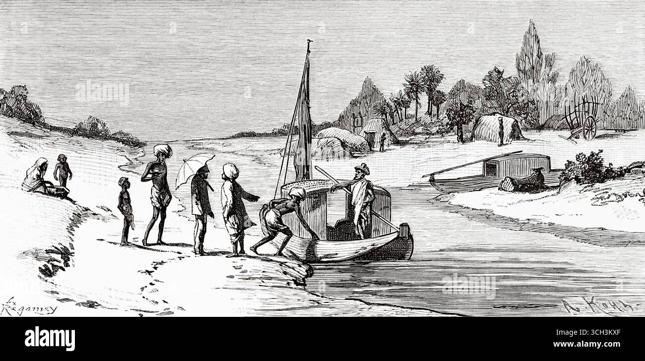 Noleggio barche su un canale di irrigazione, India. Asia meridionale. Eight Days in India, 1876 di Emile Guimet (1836-1918) Drawings from Life di Félix Régamey (1844-1907) le Tour du Monde 1888 Foto Stock