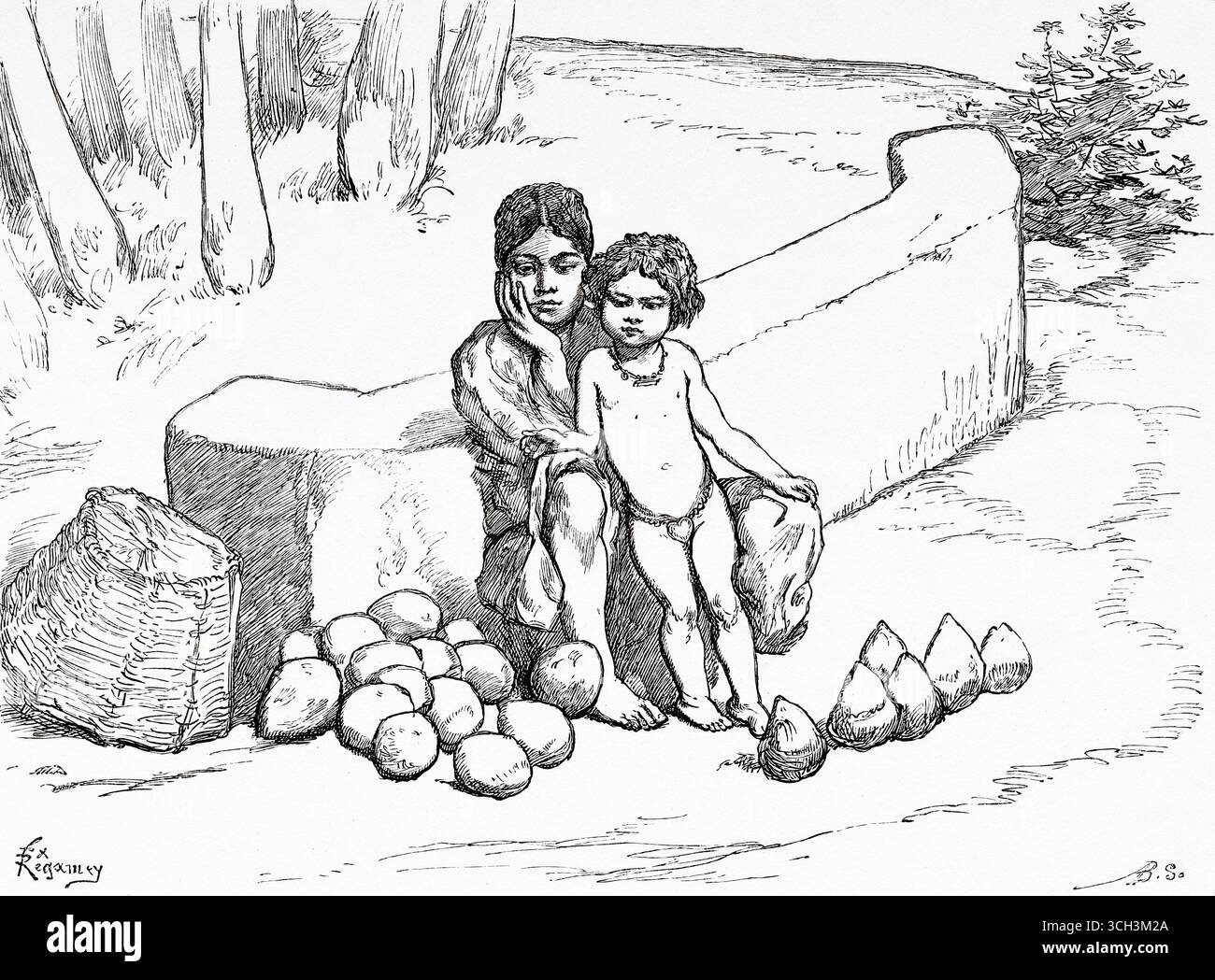 Donna e figlio che vendono noci di cocco per strada, India. Asia meridionale. Eight Days in India, 1876 di Emile Guimet (1836-1918) Drawings from Life di Félix Régamey (1844-1907) le Tour du Monde 1888 Foto Stock