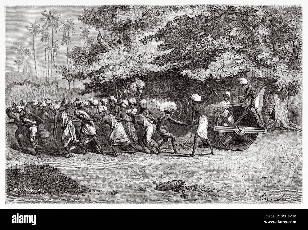 Macchina per la pavimentazione dell'asfalto trainata dagli indiani nativi, India. Asia meridionale. Eight Days in India, 1876 di Emile Guimet (1836-1918) Drawings from Life di Félix Régamey (1844-1907) le Tour du Monde 1888 Foto Stock
