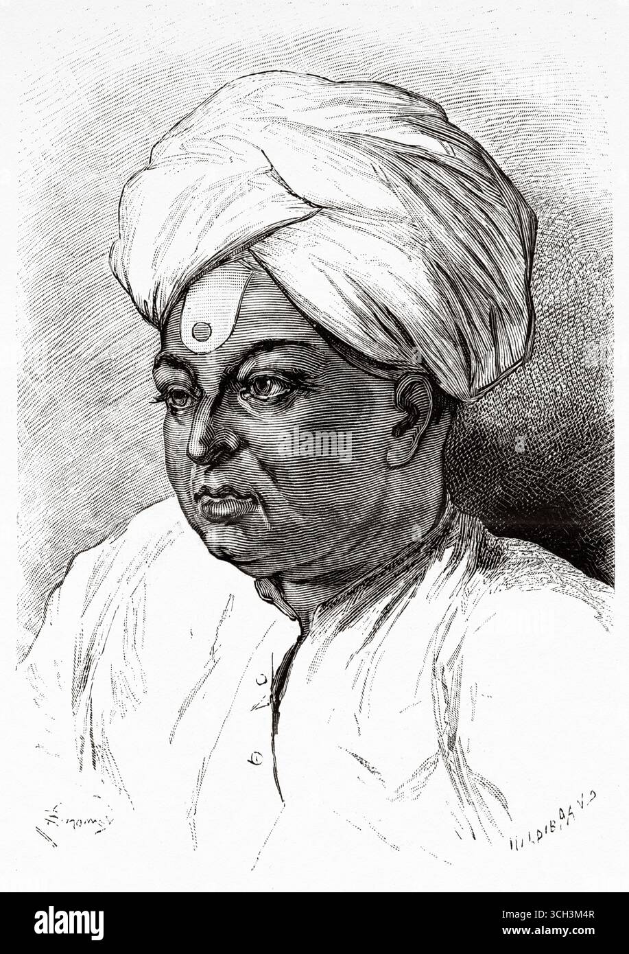Un uomo indù bramino, casta all'interno della società indù, l'occupazione tradizionale dei bramini è quella del sacerdozio nei templi indù o alle cerimonie socio-religiose, in India. Asia meridionale. Eight Days in India, 1876 di Emile Guimet (1836-1918) Drawings from Life di Félix Régamey (1844-1907) le Tour du Monde 1888 Foto Stock