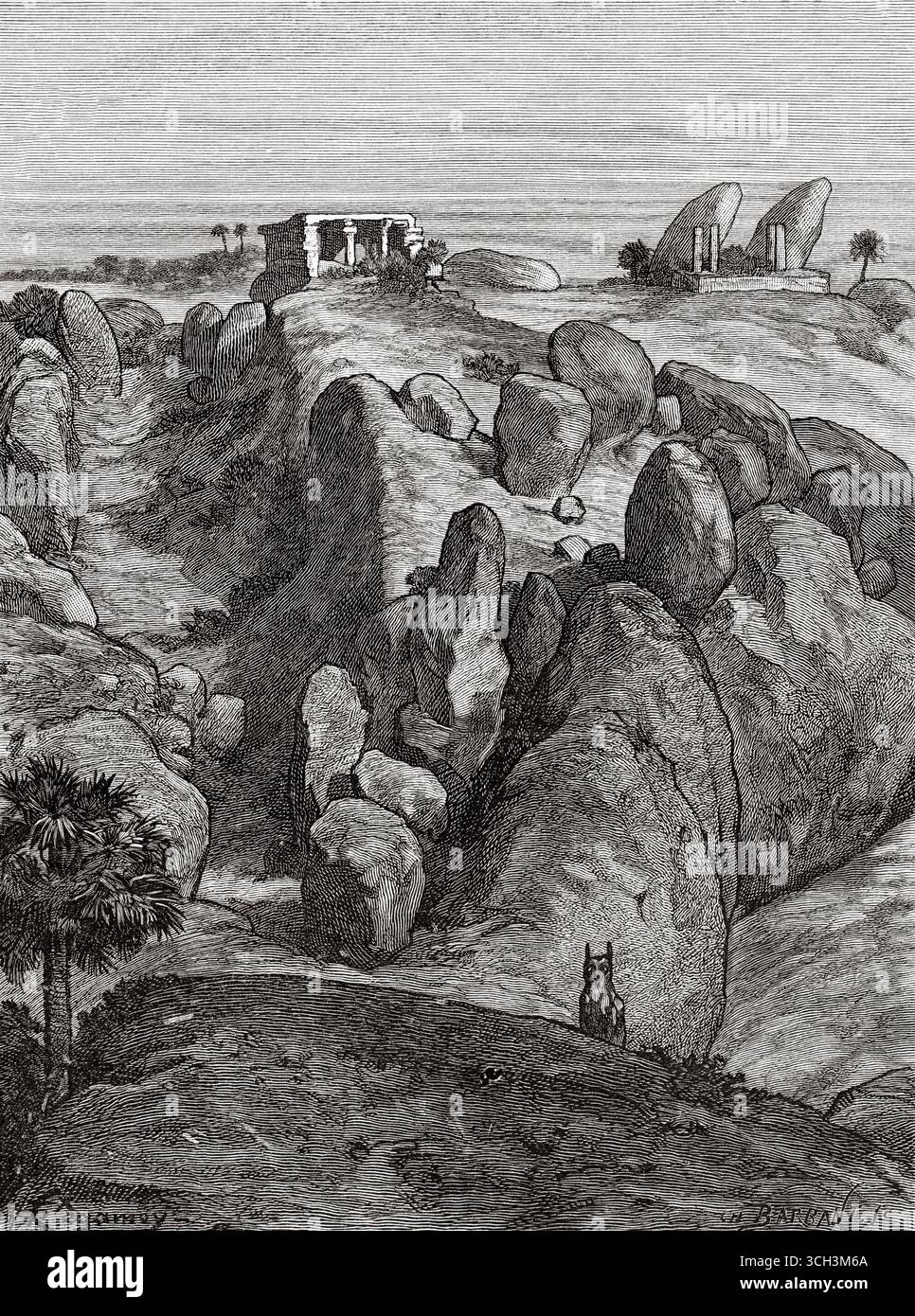 Pancha Rathas è un complesso monolitico di architettura indiana scavata nella roccia a Mahabalipuram sulla costa di Coromandel della Baia del Bengala, distretto di Chengalpattu, stato del Tamil Nadu, India. Asia meridionale. Eight Days in India, 1876 di Emile Guimet (1836-1918) Drawings from Life di Félix Régamey (1844-1907) le Tour du Monde 1888 Foto Stock