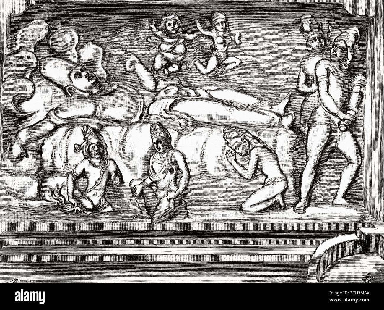 Vishnu sdraiato sul serpente Shesha. Pancha Rathas è un complesso monolitico di architettura indiana scavata nella roccia a Mahabalipuram sulla costa di Coromandel della Baia del Bengala, distretto di Chengalpattu, stato del Tamil Nadu, India. Asia meridionale. Eight Days in India, 1876 di Emile Guimet (1836-1918) Drawings from Life di Félix Régamey (1844-1907) le Tour du Monde 1888 Foto Stock