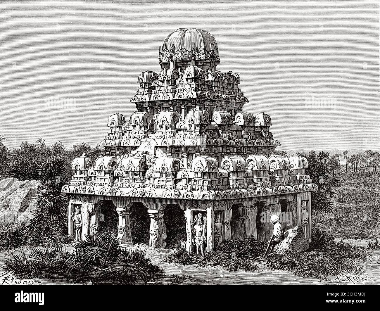 Dharmaraja Ratha. Pancha Rathas è un complesso monolitico di architettura indiana scavata nella roccia a Mahabalipuram sulla costa di Coromandel della Baia del Bengala, distretto di Chengalpattu, stato del Tamil Nadu, India. Asia meridionale. Eight Days in India, 1876 di Emile Guimet (1836-1918) Drawings from Life di Félix Régamey (1844-1907) le Tour du Monde 1888 Foto Stock