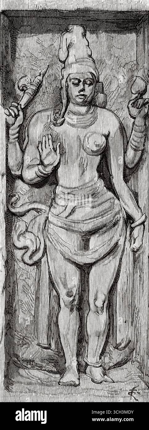 Statua del Dio Ardhanarishvara Shiva, Dharmaraja Ratha. Pancha Rathas è un complesso monolitico di architettura indiana scavata nella roccia a Mahabalipuram sulla costa di Coromandel della Baia del Bengala, distretto di Chengalpattu, stato del Tamil Nadu, India. Asia meridionale. Eight Days in India, 1876 di Emile Guimet (1836-1918) Drawings from Life di Félix Régamey (1844-1907) le Tour du Monde 1888 Foto Stock