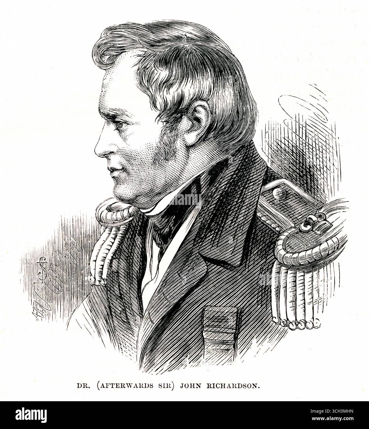 Ritratto inciso di Sir John Richardson, ufficiale navale britannico ed esploratore chirurgo, storico naturale e ittiologo (1787 - 1865) Foto Stock