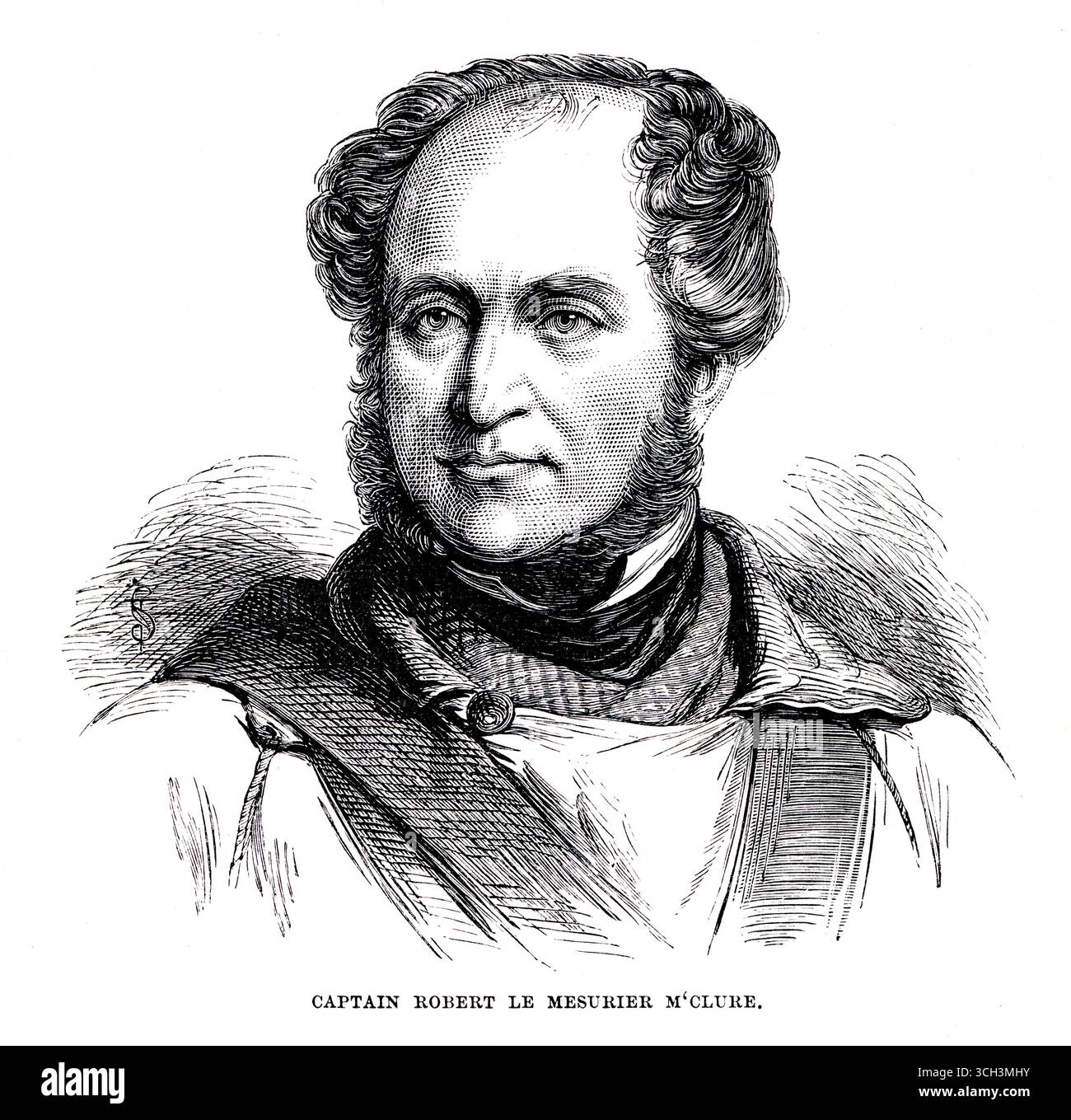 Capitano Robert le Mesurier McClure 1807 - 1873 Ritratto inciso di Sir Robert John le Mesurier McClure. Ufficiale di marina irlandese che esplorò l'Artico e scoprì un corso d'acqua, noto come passaggio a nord-ovest, che collegava l'Oceano Pacifico e l'Oceano Atlantico attraverso il Nord America Artico. Completò il percorso, in parte via nave e in parte via terra, nel 1850-54. Fu il primo a circumnavigare le Americhe Foto Stock
