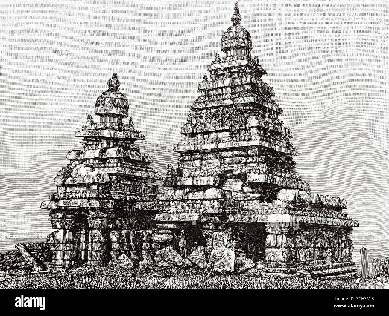 Il Tempio Shore. Pancha Rathas è un complesso monolitico di architettura indiana scavata nella roccia a Mahabalipuram sulla costa di Coromandel della Baia del Bengala, distretto di Chengalpattu, stato del Tamil Nadu, India. Asia meridionale. Eight Days in India, 1876 di Emile Guimet (1836-1918) Drawings from Life di Félix Régamey (1844-1907) le Tour du Monde 1888 Foto Stock
