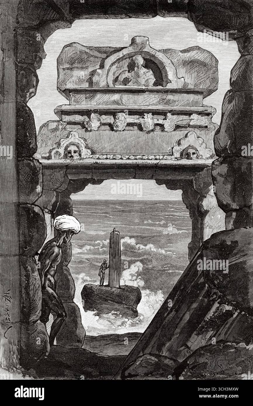Rovine al mare. Pancha Rathas è un complesso monolitico di architettura indiana scavata nella roccia a Mahabalipuram sulla costa di Coromandel della Baia del Bengala, distretto di Chengalpattu, stato del Tamil Nadu, India. Asia meridionale. Eight Days in India, 1876 di Emile Guimet (1836-1918) Drawings from Life di Félix Régamey (1844-1907) le Tour du Monde 1888 Foto Stock