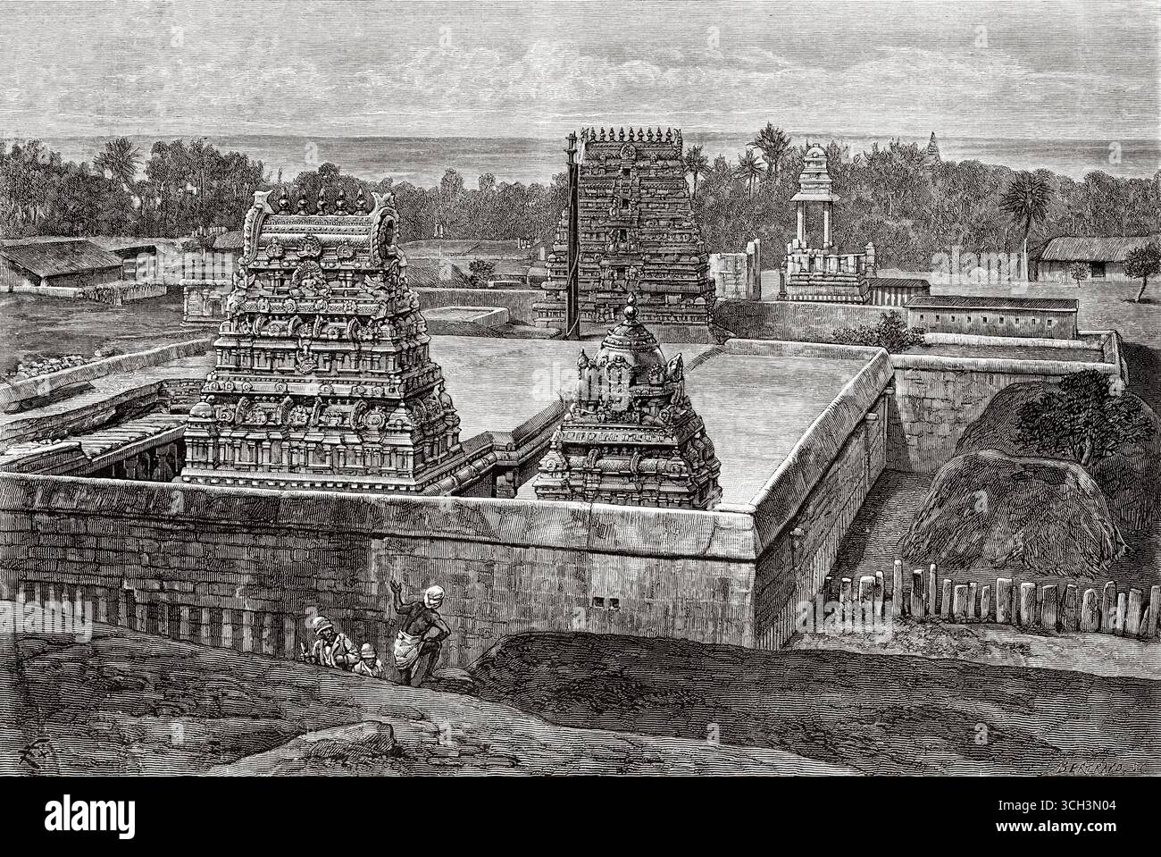 Pancha Rathas è un complesso monolitico di architettura indiana scavata nella roccia a Mahabalipuram sulla costa di Coromandel della Baia del Bengala, distretto di Chengalpattu, stato del Tamil Nadu, India. Asia meridionale. Eight Days in India, 1876 di Emile Guimet (1836-1918) Drawings from Life di Félix Régamey (1844-1907) le Tour du Monde 1888 Foto Stock