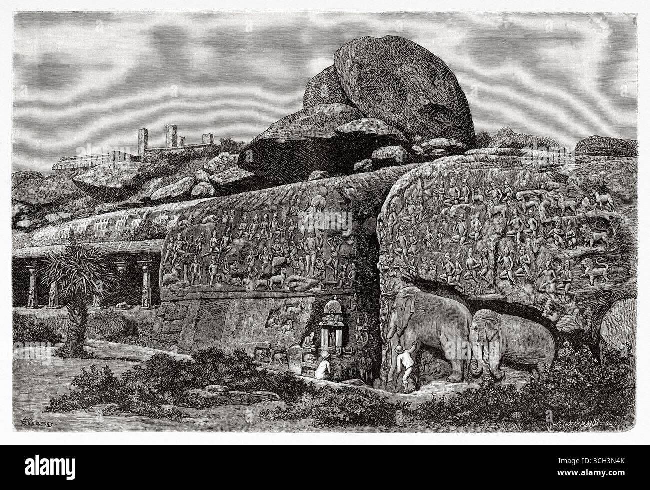 Discesa del monumento del Gange. Pancha Rathas è un complesso monolitico di architettura indiana scavata nella roccia a Mahabalipuram sulla costa di Coromandel della Baia del Bengala, distretto di Chengalpattu, stato del Tamil Nadu, India. Asia meridionale. Eight Days in India, 1876 di Emile Guimet (1836-1918) Drawings from Life di Félix Régamey (1844-1907) le Tour du Monde 1888 Foto Stock