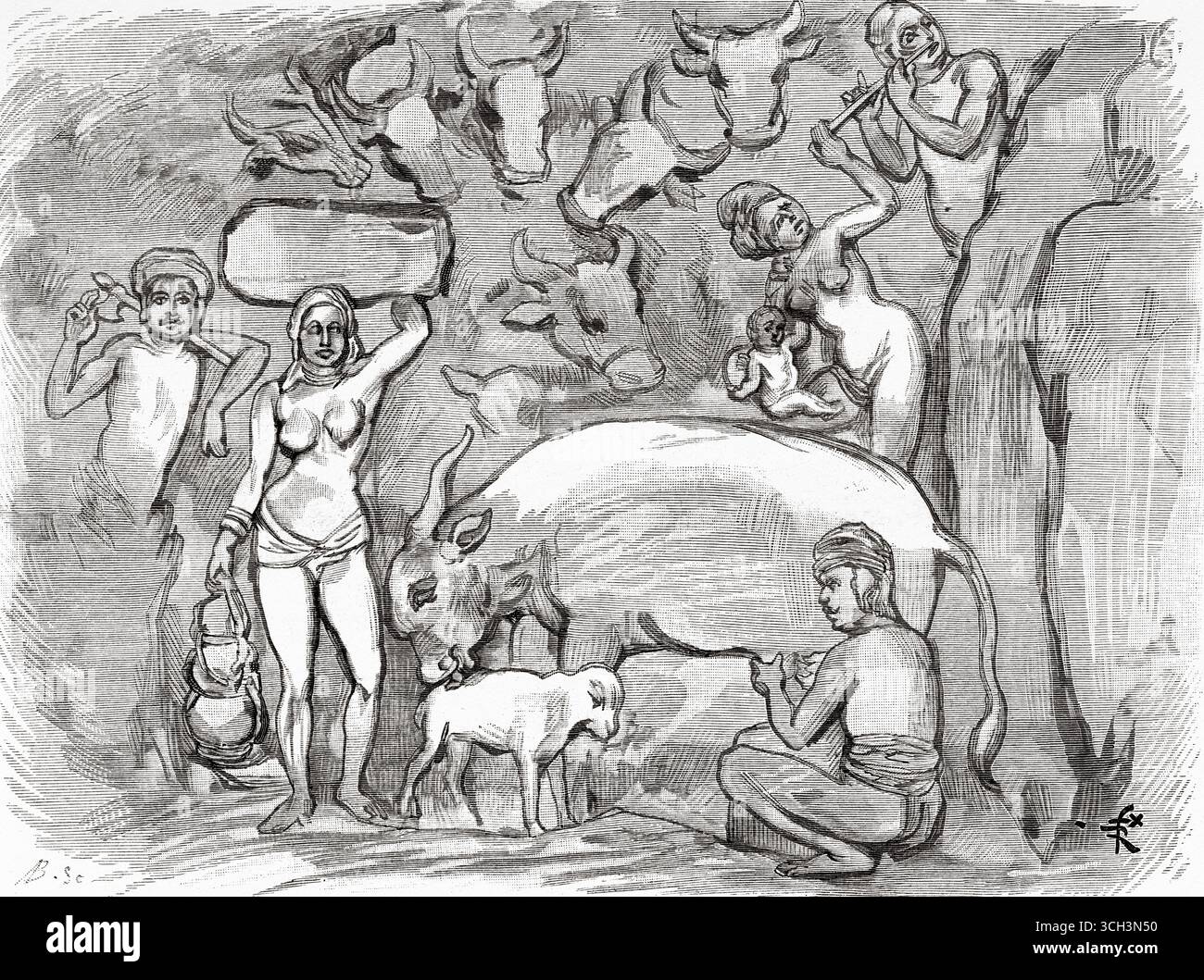 Krishna Mandapum Bas-Relief. Pancha Rathas è un complesso monolitico di architettura indiana scavata nella roccia a Mahabalipuram sulla costa di Coromandel della Baia del Bengala, distretto di Chengalpattu, stato del Tamil Nadu, India. Asia meridionale. Eight Days in India, 1876 di Emile Guimet (1836-1918) Drawings from Life di Félix Régamey (1844-1907) le Tour du Monde 1888 Foto Stock