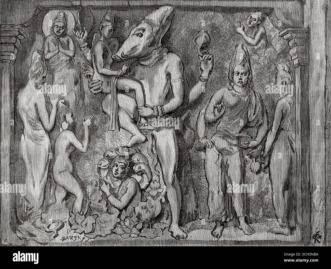 Varaha Mandapa raffigura l'avatar del cinghiale di Vishnu. Pancha Rathas è un complesso monolitico di architettura indiana scavata nella roccia a Mahabalipuram sulla costa di Coromandel della Baia del Bengala, distretto di Chengalpattu, stato del Tamil Nadu, India. Asia meridionale. Eight Days in India, 1876 di Emile Guimet (1836-1918) Drawings from Life di Félix Régamey (1844-1907) le Tour du Monde 1888 Foto Stock
