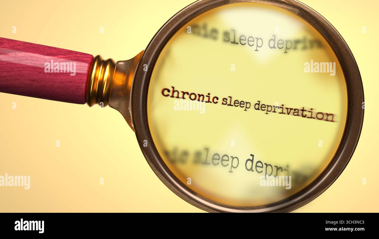 Privazione cronica del sonno sotto lente d'ingrandimento. Cerca, esplora e ispeziona la privazione cronica del sonno. Date un'occhiata più da vicino e analizzate il sonno cronico Foto Stock