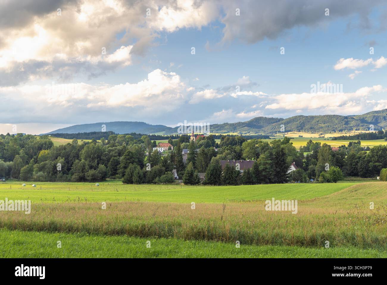 L'area del paesaggio protetto di Broumovsko nella regione di Hradec Kralove nella Repubblica Ceca, in Europa. Paesaggio panoramico con campi verdi, alberi, rollin Foto Stock