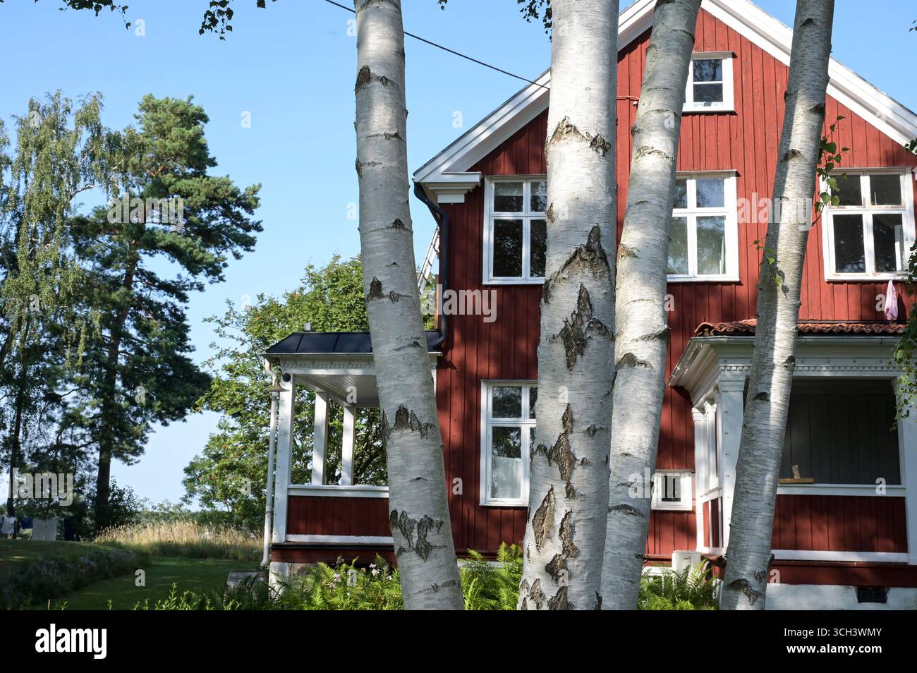 SVEZIA, Vaxholm, arcipelago di Stoccolma, casa in legno con vernice rossa e faggi / Schweden, Stockholmer Schärengarten, Holzhaus mit roter Farbe und Birken Foto Stock