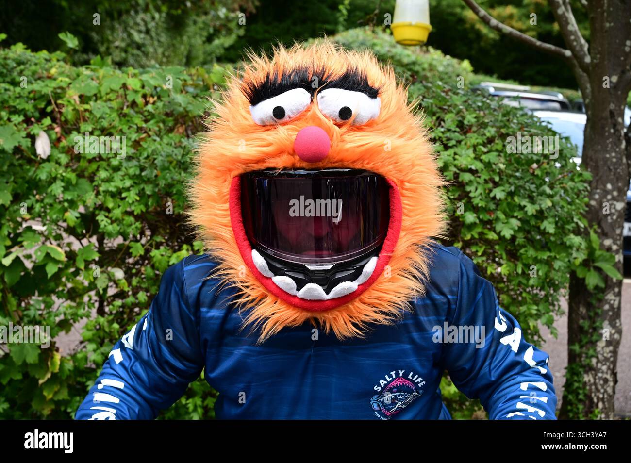 Una divertente copertura per casco. Foto Stock