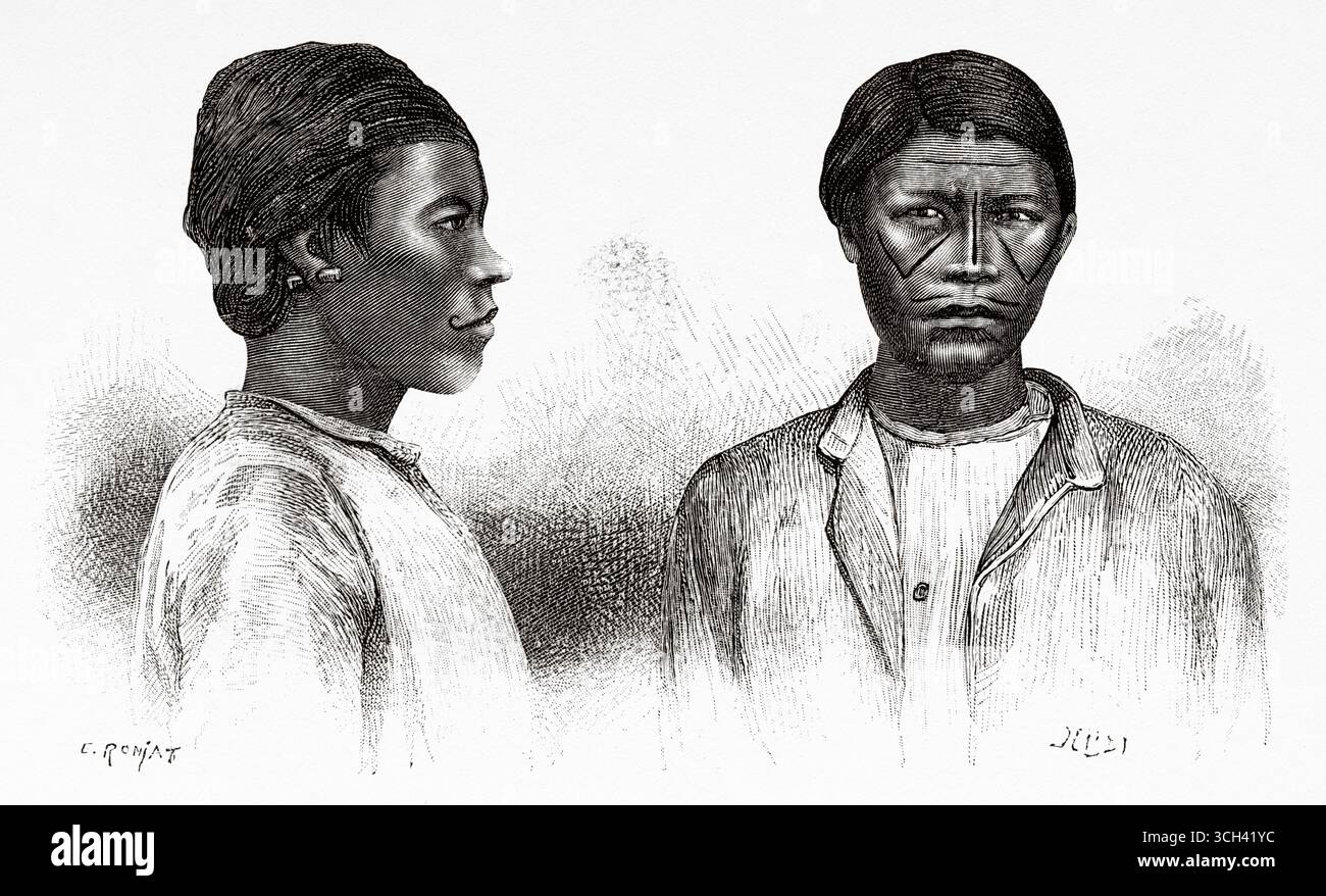 Tatuaggi di aborigeni nativi del popolo Aragua, Stato di Bolívar, Venezuela. Sud America. Disegno di Eugene Ronjat (1822-1912) viaggio attraverso le pianure di Caura, 1885 di M. Jean Chaffanjon (1854-1913) le Tour du Monde 1888 Foto Stock