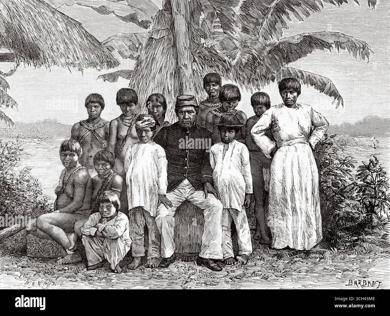 Il capo José Aramare e la sua famiglia, meglio conosciuto come capo Aramare (1831-1896) era un capo del popolo Maquiritare o Yekuana e colonnello dello Stato maggiore dell'esercito venezuelano. Venezuela, Sud America. Disegno di Eugene Ronjat (1822-1912) viaggio alle sorgenti del fiume Orinoco, 1886-1887 di M. Jean Chaffanjon (1854-1913) le Tour du Monde 188 Foto Stock