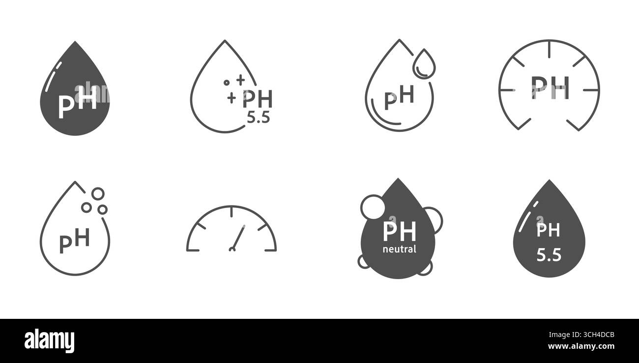 Icona pH, set linea semplice. Pelle a bilanciamento neutro, simbolo a reticolo sottile. Rilascia con il simbolo PH. prodotti certificati e testati per pelle, capelli e alimenti. Sanità cosmetica naturale . Illustrazione vettoriale Illustrazione Vettoriale