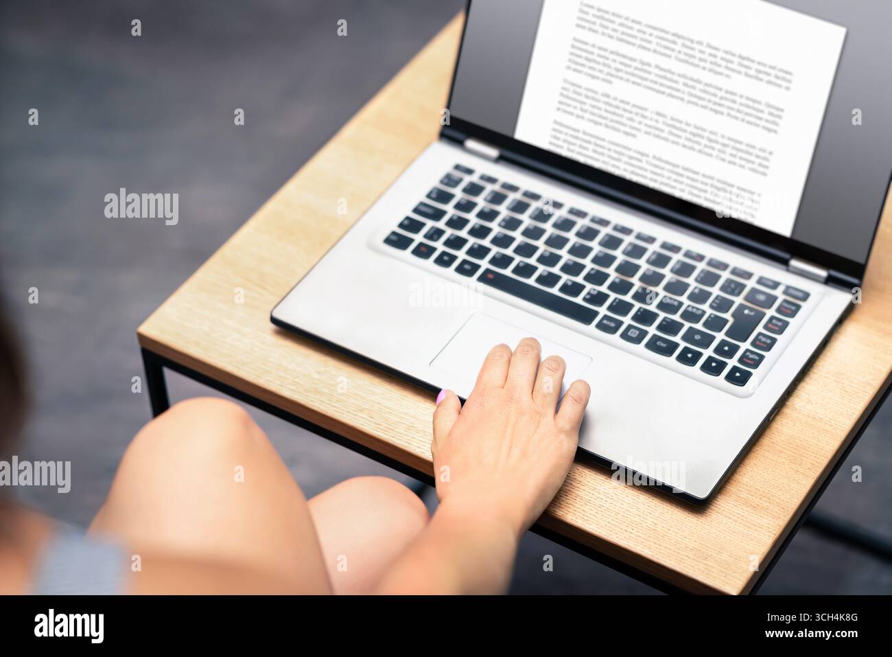 Scrivere blog. Autore di contenuti. Testo a risposta aperta, lettera, articolo, libro o testo di lavoro sullo schermo del notebook. Studente al college o all'università. Foto Stock