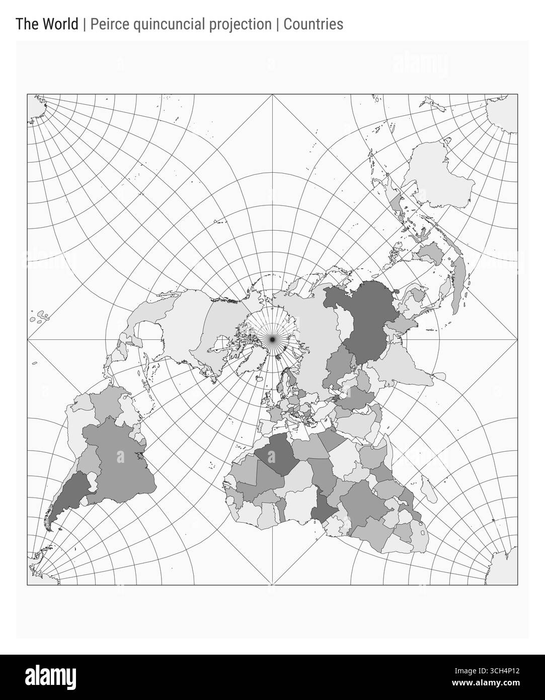 Mappa del mondo. Proiezione quincuncial Peirce. Stile country. Mappa mondiale dettagliata per infografiche, istruzione, report e presentazioni. Illustrazione Vettoriale