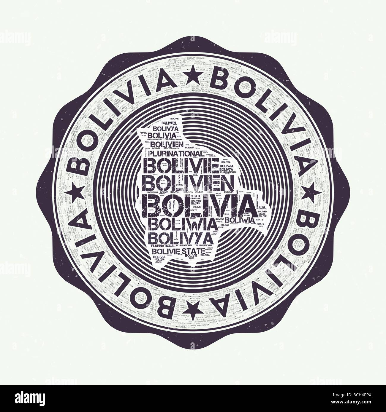 Sigillo boliviano. Logo rotondo del paese con la forma della Bolivia e il nome del paese in più lingue wordcloud. Splendido emblema. Illustrazione Vettoriale