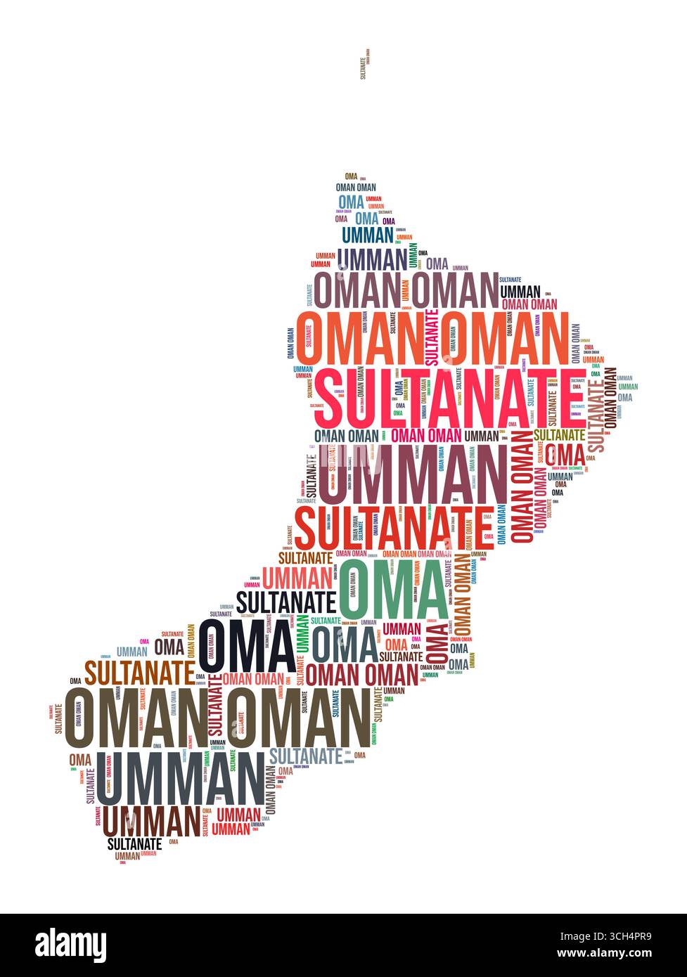 Il paese dell'Oman forma una nuvola di parole. Illustrazione del paese in stile tipografico. Immagine Oman in stile fumetto di testo. Illustrazione vettoriale. Illustrazione Vettoriale