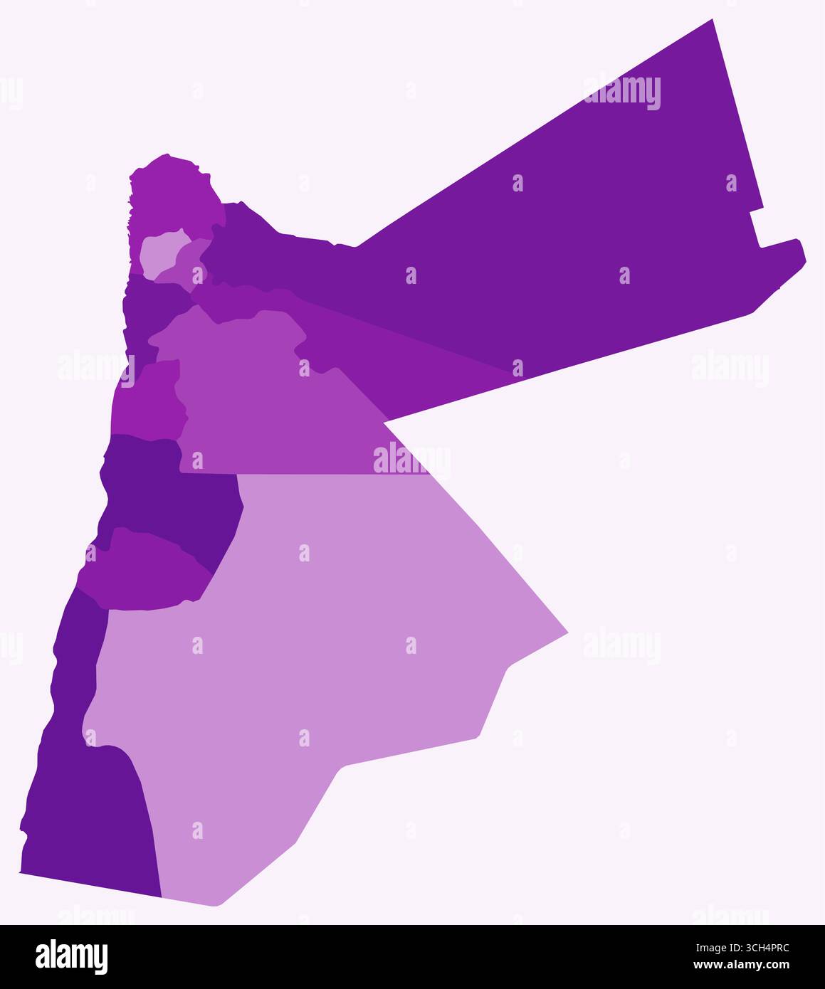 Mappa della Giordania con le regioni. Solo una semplice mappa di confine con la divisione della regione. Tavolozza dei colori viola. Illustrazione Vettoriale
