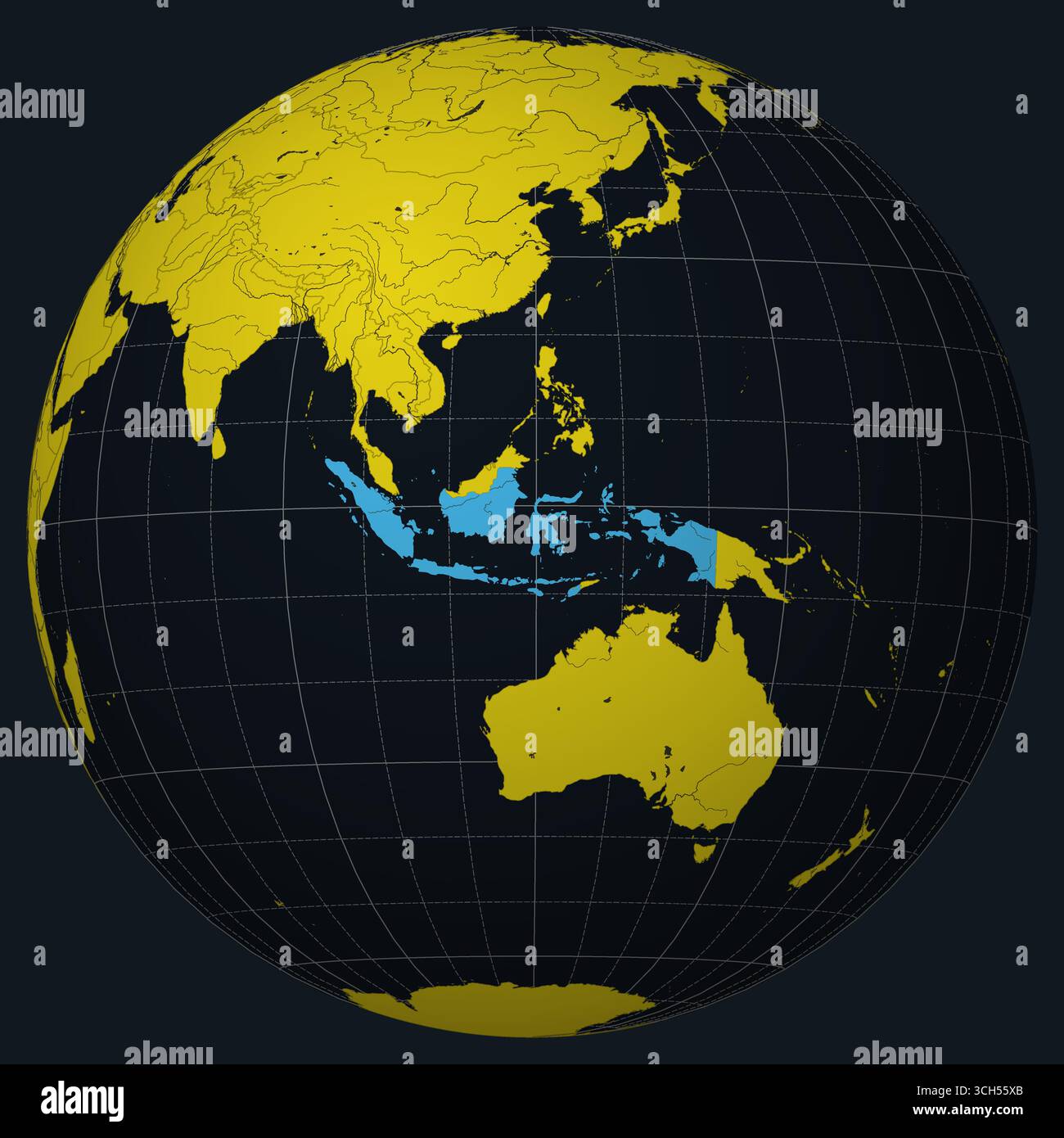Indonesia su Globe. Vista paese sulla mappa del mondo nella tavolozza dei colori giallo brillante Charcoal. Forma Indonesia sulla mappa. Illustrazione Vettoriale