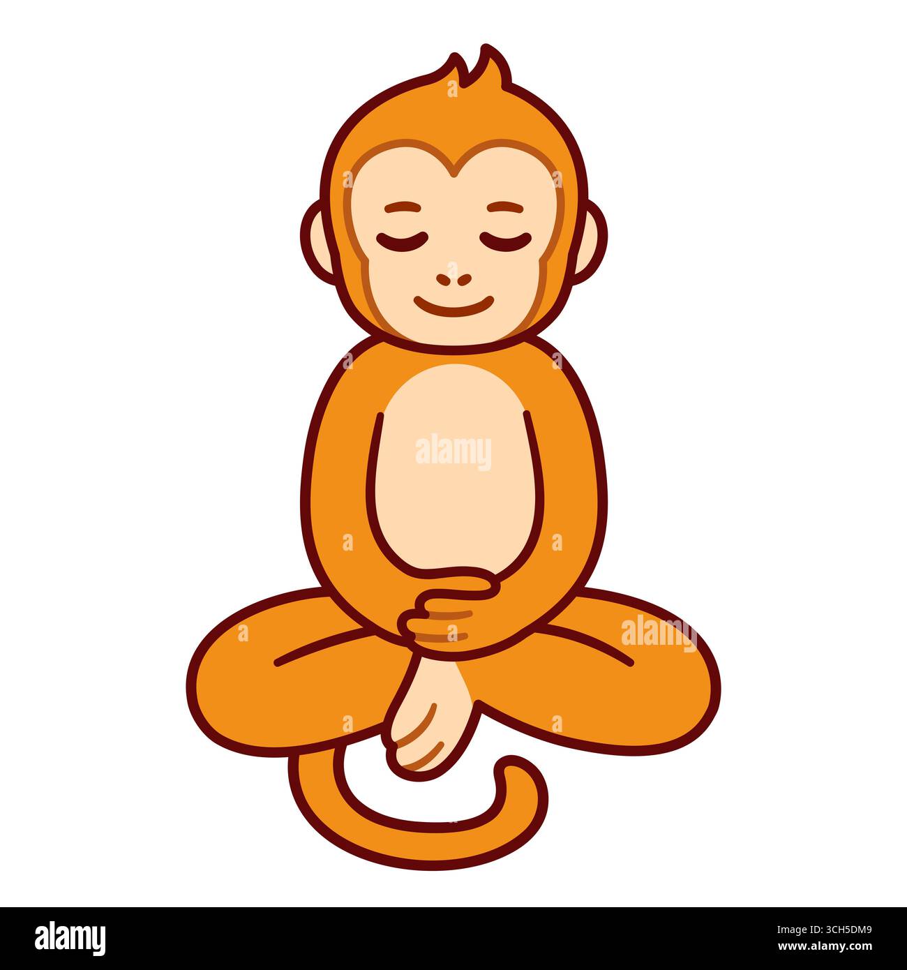 Scimmia seduta in meditazione, disegno di cartoni animati. Simpatico e divertente macaco che medita in posizione di loto, illustrazioni di clip art vettoriali. Illustrazione Vettoriale