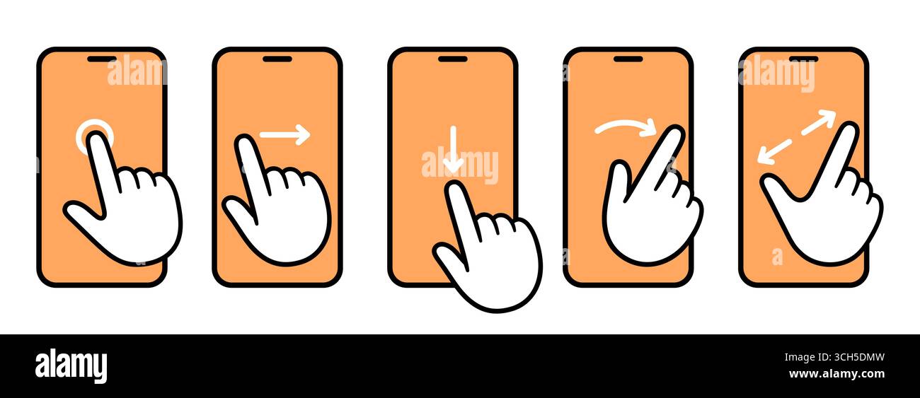 Icone dei gesti delle dita dello smartphone sullo schermo a sfioramento. Tocca, scorri, scorri, trascina, avvicina le dita per ingrandire. Set di illustrazioni vettoriali disegnate a mano. Illustrazione Vettoriale