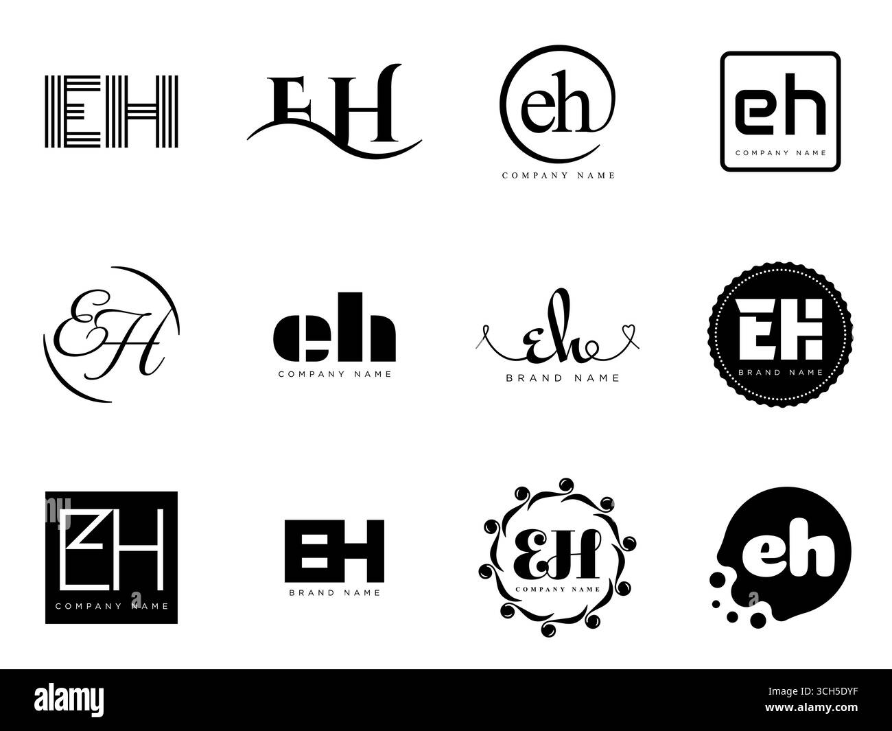 Modello aziendale del logo EH. Logotipo lettera e e h. Imposta diverse lettere serif classiche e testo moderno in grassetto con elementi di design. Tipog font iniziale Illustrazione Vettoriale