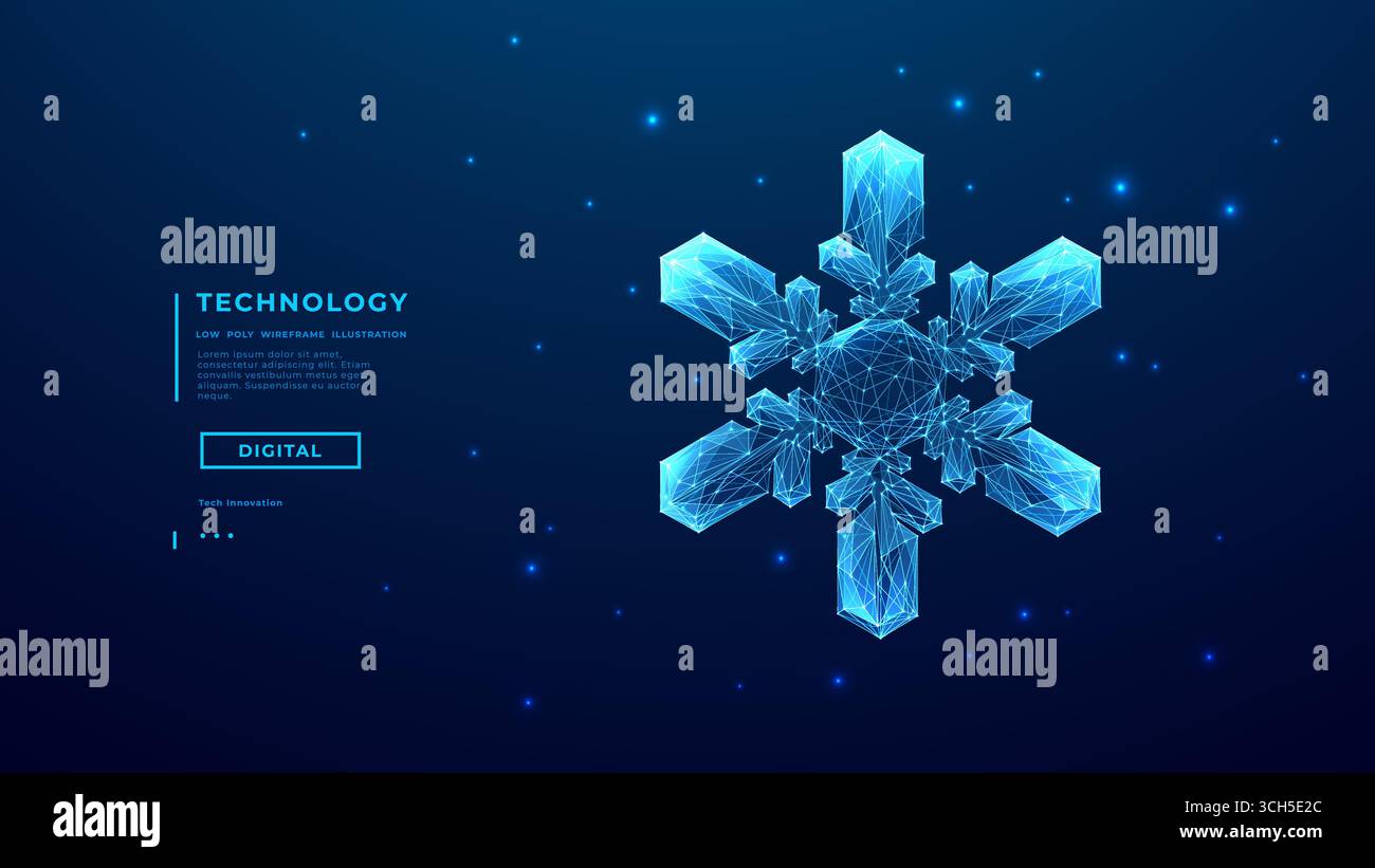 Fiocco di neve blu digitale su sfondo tecnologico. Buon Natale Illustrazione Vettoriale