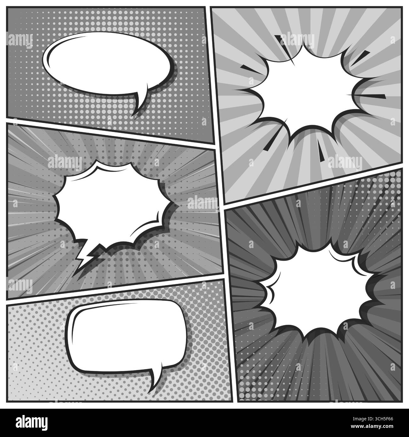Sfondo fumettistico dei cartoni animati. Bolla del discorso. Poster in bianco e nero del libro di fumetti con elementi mezzitoni e linee radiali. Stile Pop Art retrò. Vettore Illustrazione Vettoriale