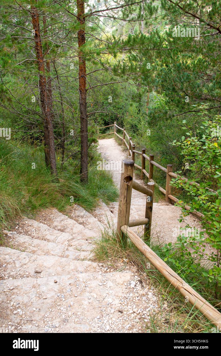 Sentiero che conduce alla cascata del Molino de la Churrera a Tragacete nella catena montuosa di Cuenca. Foto Stock