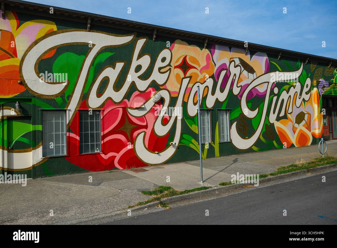 Un murale "Take Your Time" di Astro Alley lungo un edificio a Mount Pleasant, Vancouver, British Columbia. Foto Stock