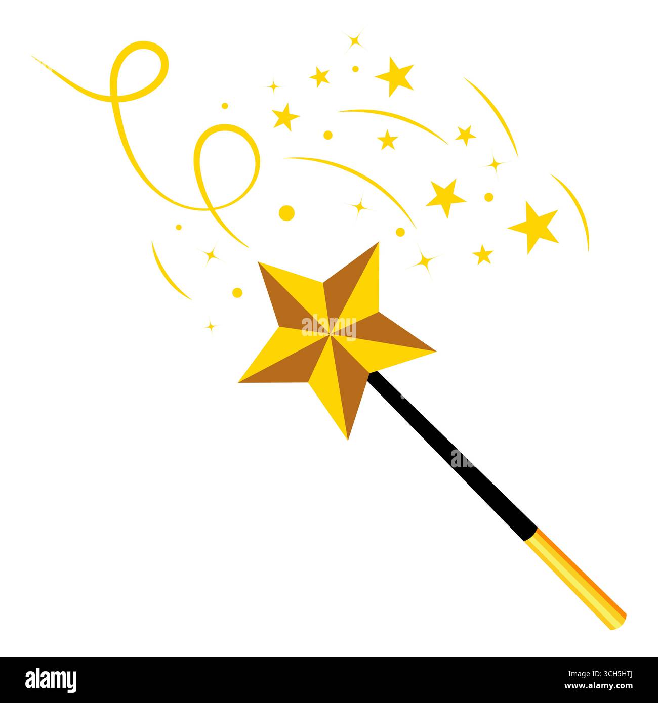 Bacchetta magica con stella d'oro e illustrazione degli effetti scintillanti. Una bacchetta magica con una punta di stella dorata, circondata da stelle scintillanti e vortici brillanti. Illustrazione Vettoriale