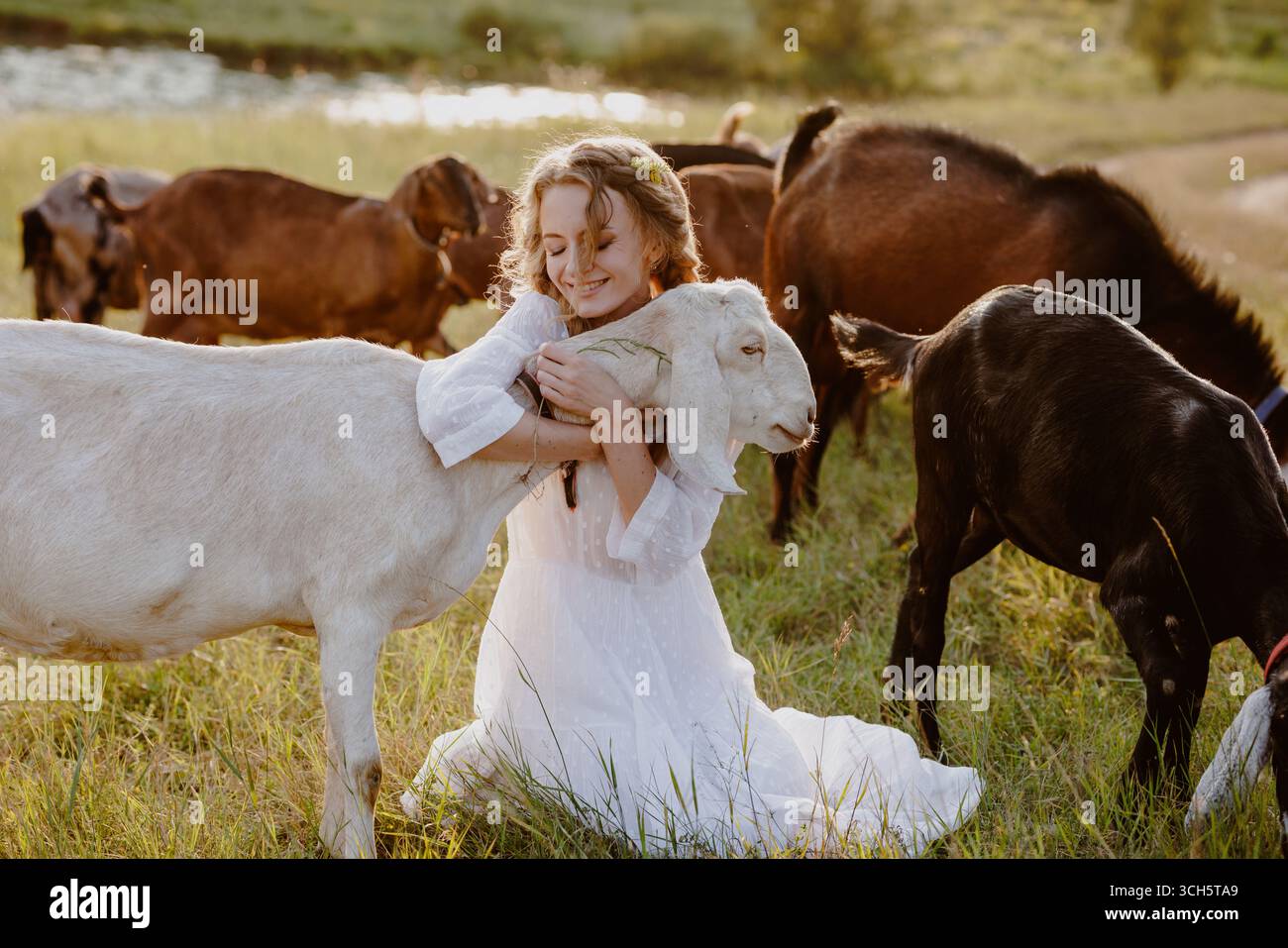 Contadino felice che abbraccia la capra nel prato autentico aspetto visivo per il latte di capra il latte biologico il latte rurale e le storie sul benessere degli animali Foto Stock