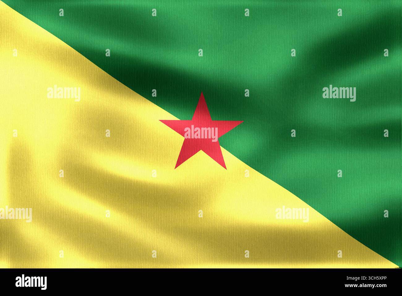 Bandiera realistica della Guyana francese che sventola con grazia al vento, mostrando intricate texture di tessuto e vivaci colori di rosso, giallo e verde Foto Stock