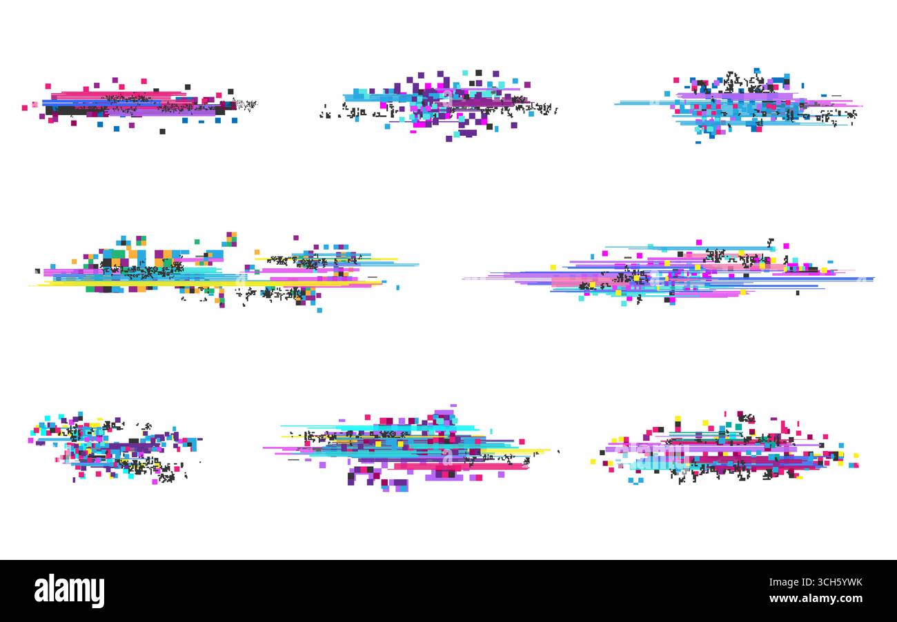 Elementi glitch. Distorsione pixel impostata. Frammenti di rumore luminosi su sfondo bianco. Artefatti di colore distorti per la tecnologia, il layout retrò o l'estetica cibernetica Illustrazione Vettoriale
