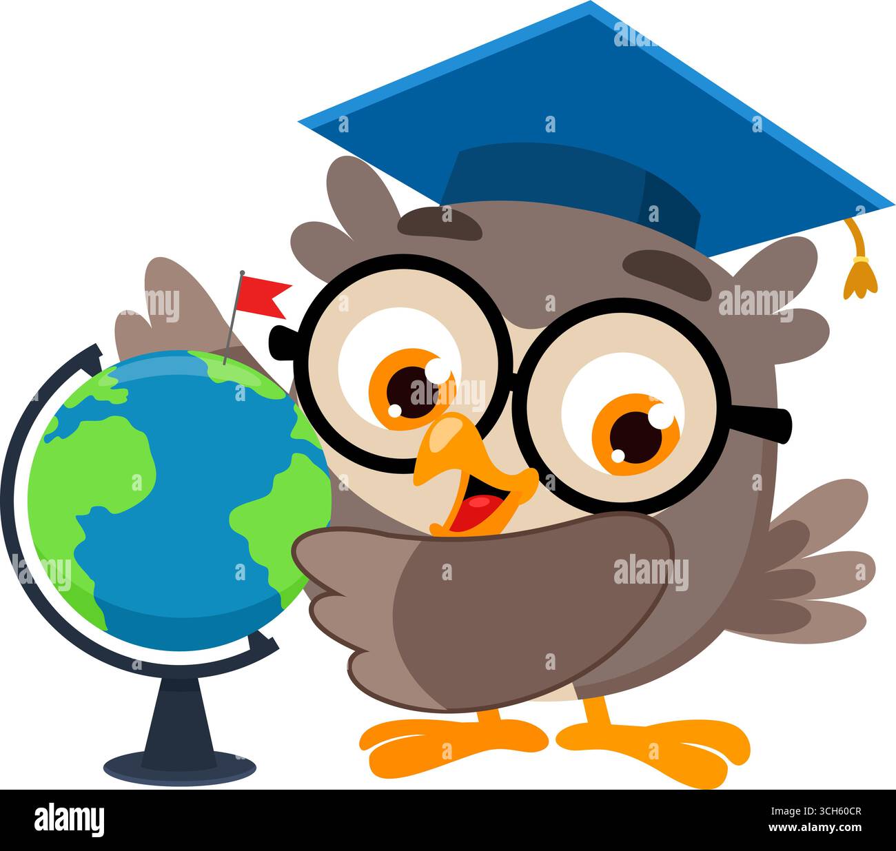 Carino Gufo insegnante personaggio di cartoni animati che punta a Globe e insegnare la geografia. Illustrazione vettoriale Flat Design isolato su sfondo trasparente Illustrazione Vettoriale