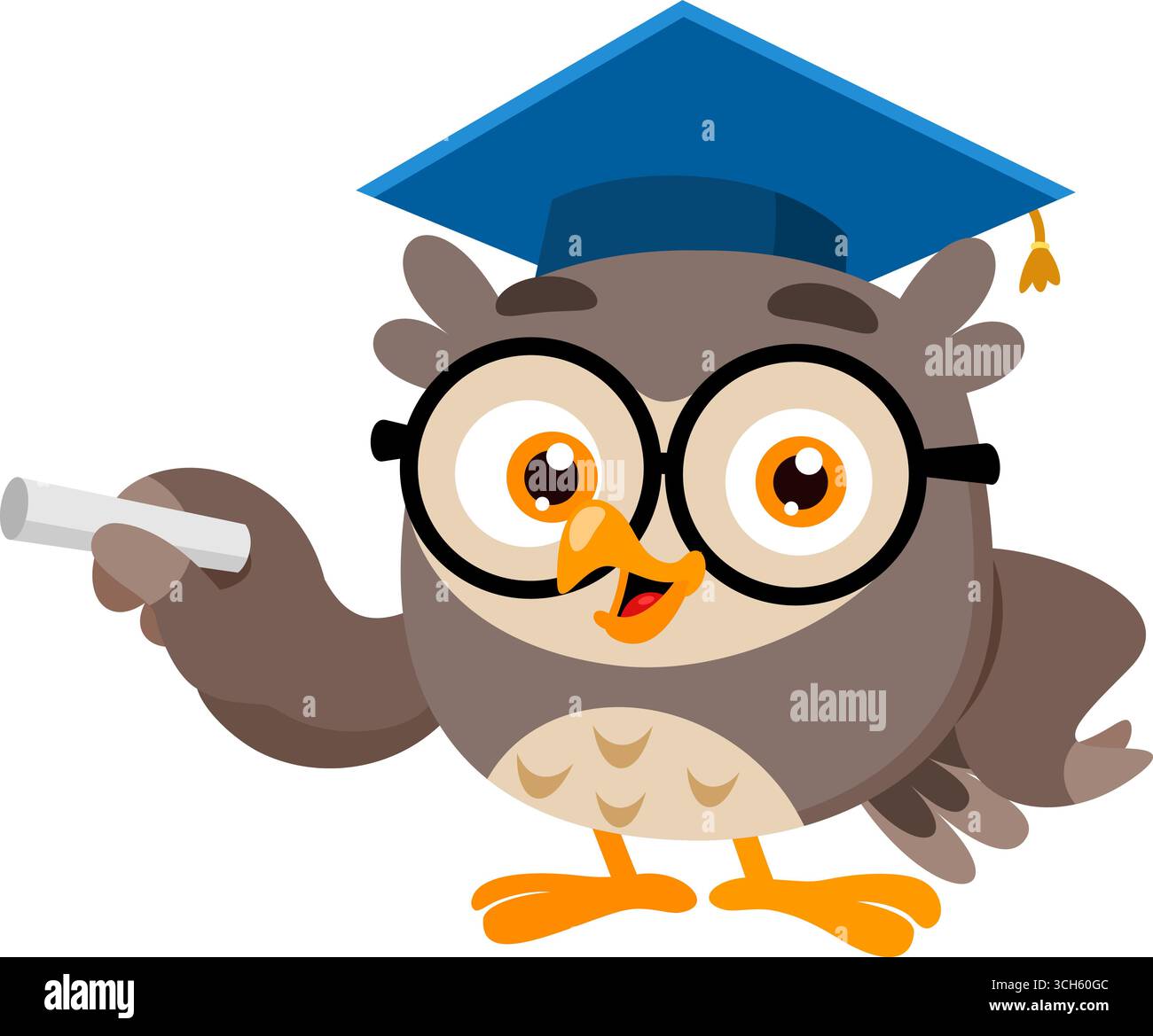 Owl Teacher Cartoon personaggio che spiega la lezione che tiene in mano Chalk. Illustrazione vettoriale Flat Design isolato su sfondo trasparente Illustrazione Vettoriale