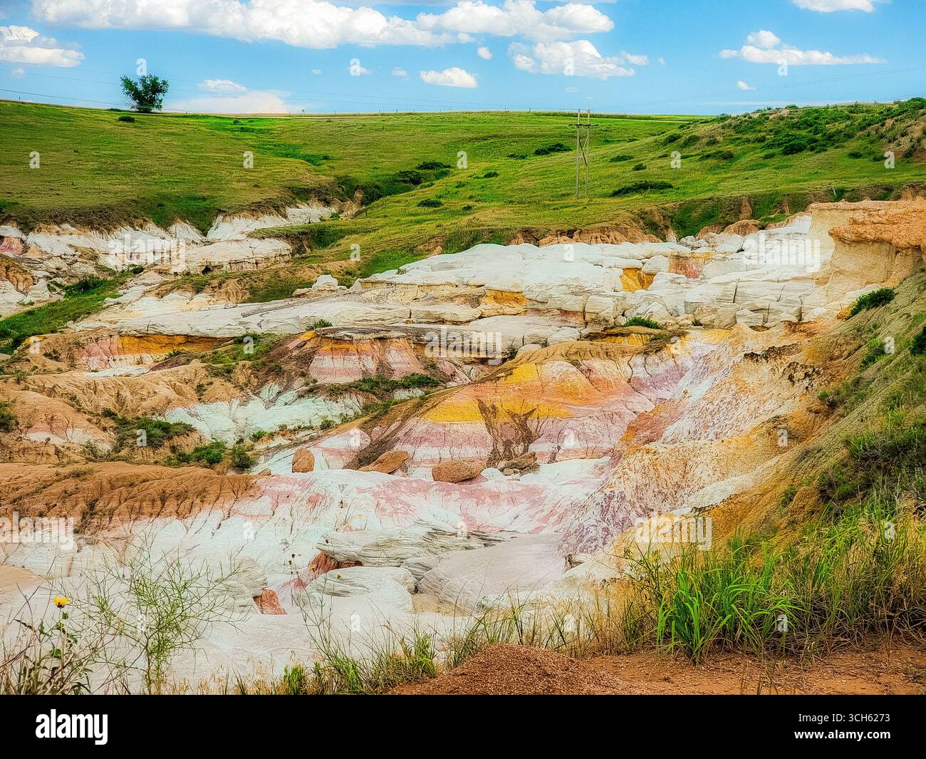 Formazioni geologiche insolite: Rocce colorate con bande colorate; erba verde con albero solitario contro il cielo blu sullo sfondo Foto Stock
