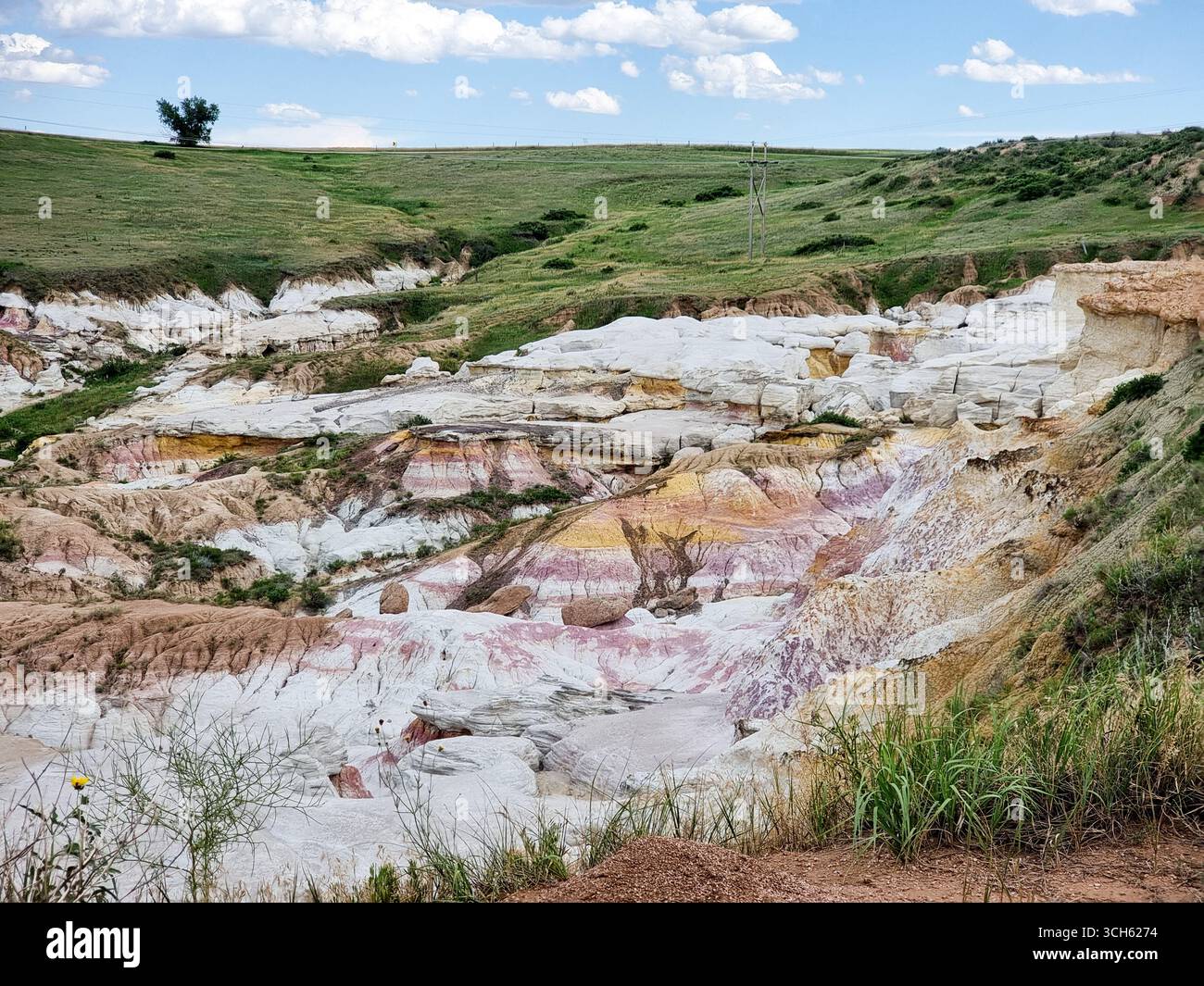 Formazioni geologiche insolite: Rocce colorate con bande colorate; erba verde con albero solitario contro il cielo blu sullo sfondo Foto Stock